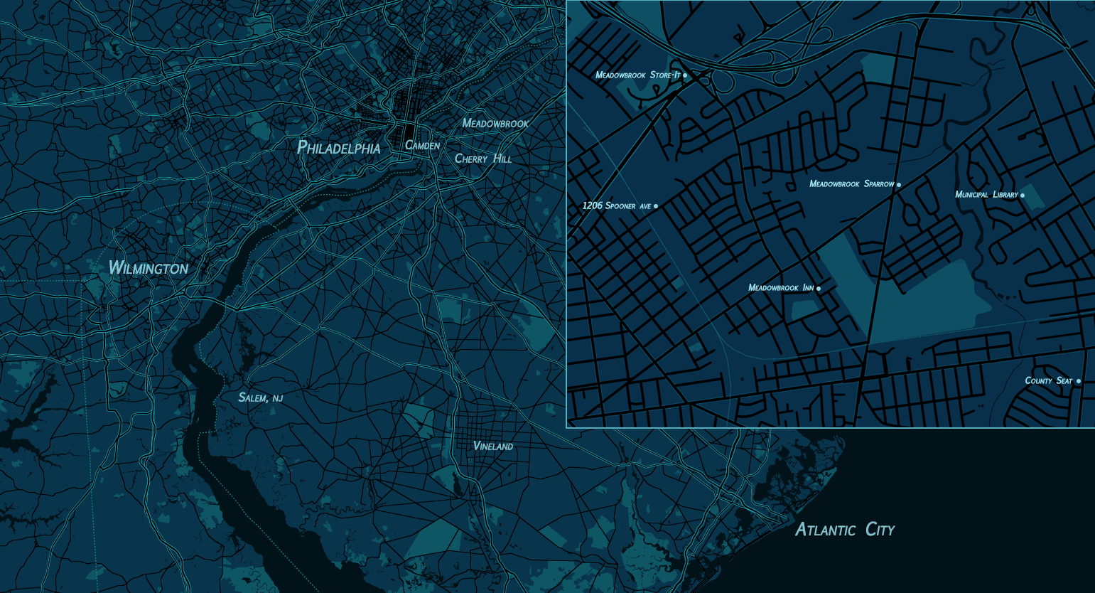 A map of the area around Philadelphia, Wilmington, and Atlantic City