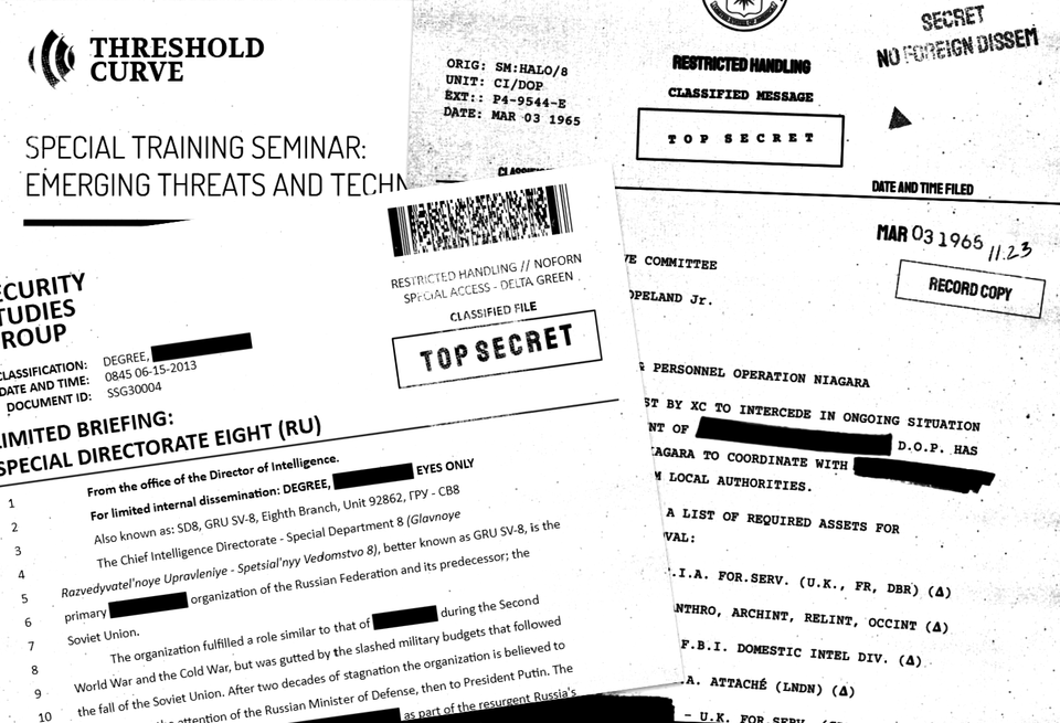 A collage of three fake documents for Delta Green: an old CIA memo, a "Threshold Curve" seminar invitation, and a "Security Studies Group" briefing on a Russian intelligence group